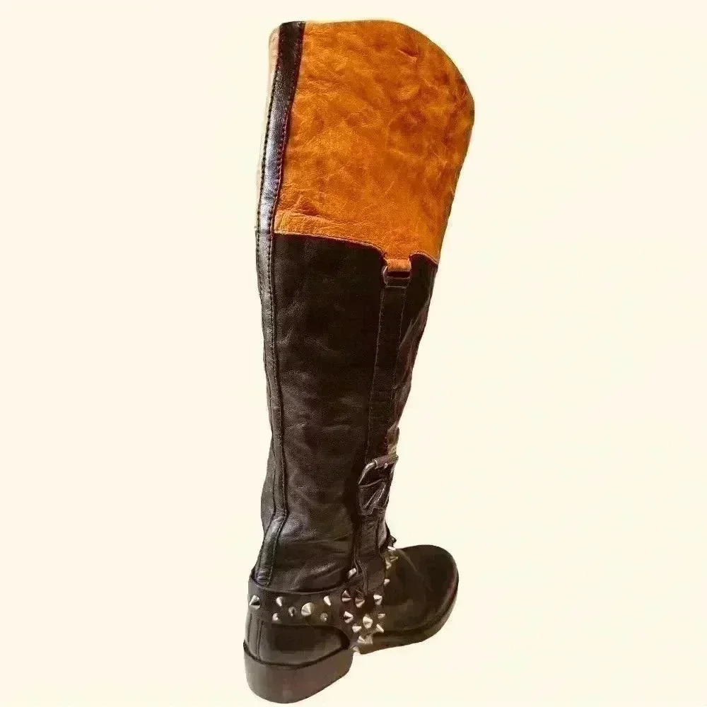 SAM EDELMAN tall leather spiked moto riding boots - black + tan - women 7 medium - Picture 2 of 16